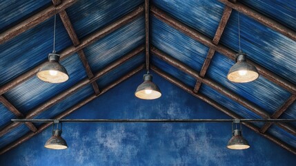 Obraz premium A vibrant dark blue industrial ceiling with symmetrical metal beams and brushed textures.