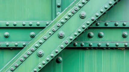Obraz premium A vibrant green industrial backdrop featuring geometric metal elements and rivets.