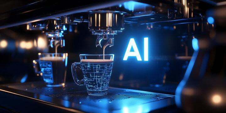 A futuristic AI-powered coffee machine brewing espresso into a transparent cup with a digital interface. A high-tech café experience blending innovation with barista culture.