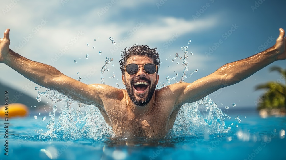 Poster man is splashing in the water with his arms outstretched. he is smiling and he is having a great tim