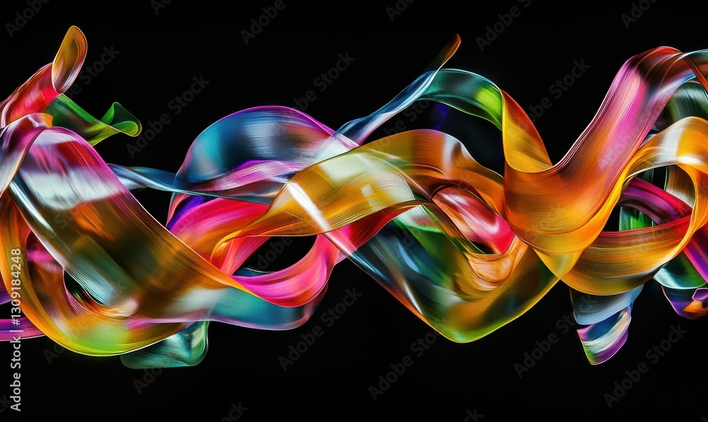 Poster artistic abstract of colorful fluid ribbons twisting dynamically against a dark background, creating