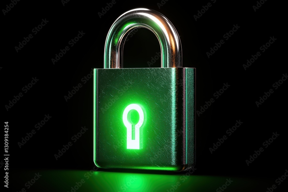 Poster glowing digital shield with lock symbol representing cybersecurity and data protection concepts