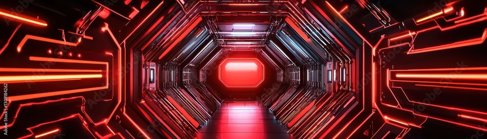 Poster futuristic cyber network connections in a high-tech corridor with vibrant red elements