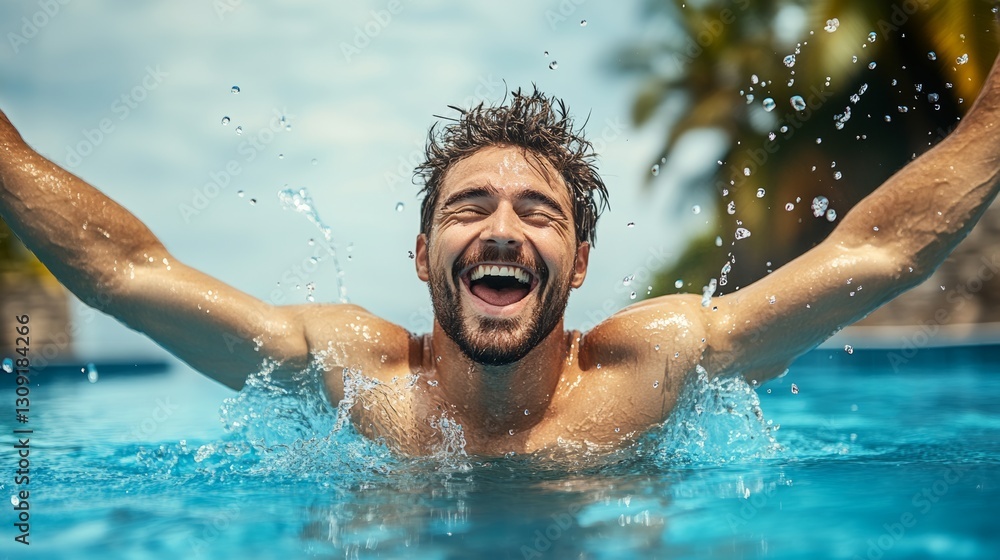 Poster man is splashing water in a pool and smiling. scene is happy and carefree