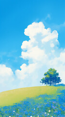 Fototapeta premium 白い雲が浮かぶ青空と花の丘 清涼感たっぷりの自然風景