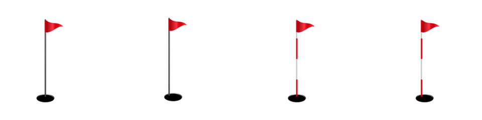 Four vertical poles with red triangular flags and round black bases, ideal for golf visuals.