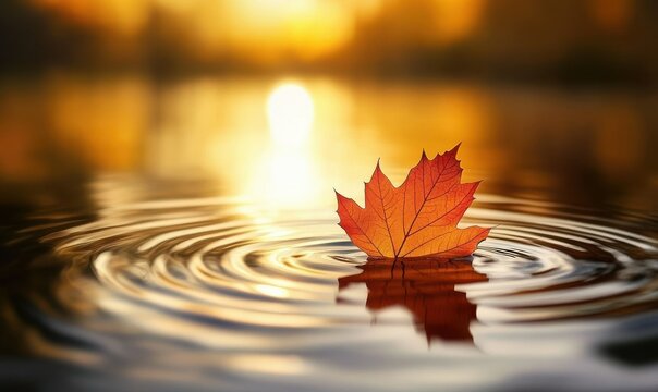 Artistic close-up of a single maple leaf floating on a calm pond, soft ripples reflecting the golden autumn sunlight for a serene outdoor scene