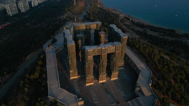 Sunset Over the Chronicle of Georgia Monument &ndash; Drone Footage