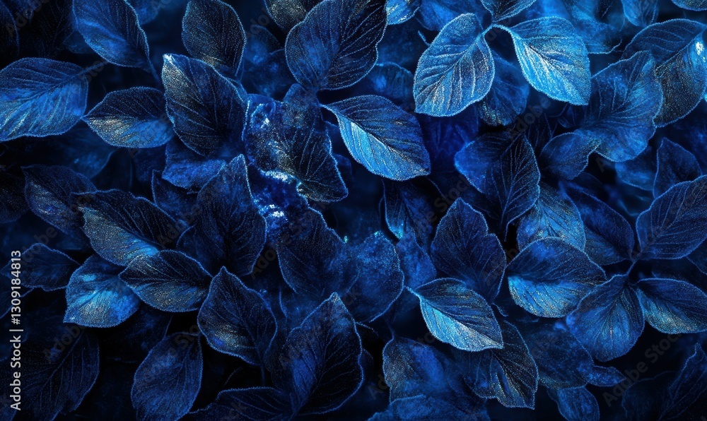 Poster artistic close-up of frosted winter patterns illuminated by cool blue light creating a serene season