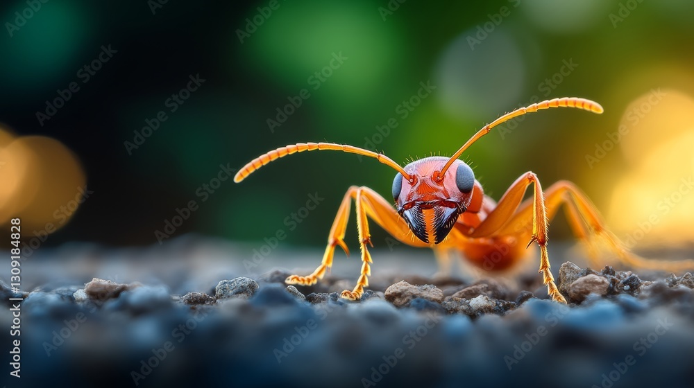 Poster close up of a red ant with its head raised. the image has a mood of curiosity and intrigue, as the v