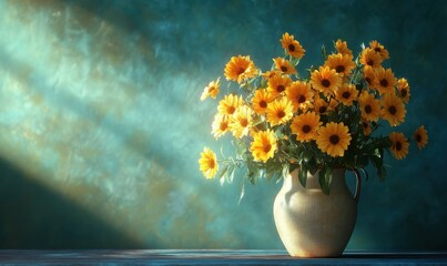Artistic composition of golden yellow flowers in a ceramic vase, illuminated by warm natural light creating a cheerful and vibrant floral arrangement