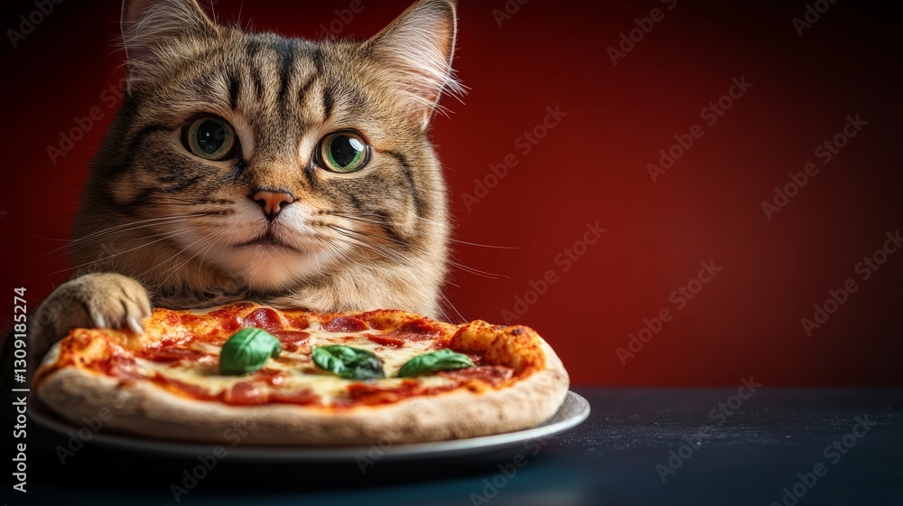 Poster cat is holding a pizza on a plate. the cat is looking at the camera with a curious expression