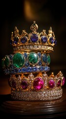 Obraz premium Three jeweled gold crowns stacked on display