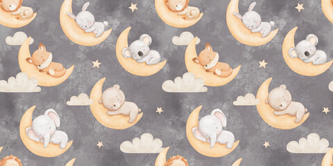 Seamless pattern with baby animals sleeping on moon, watercolor illustrations. Cute elephant, bear and fox, repeating design for nursery