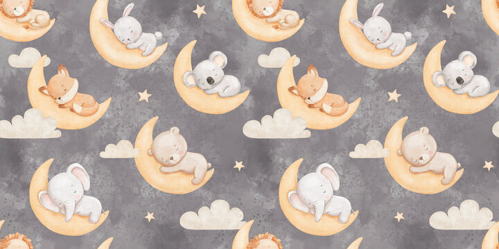 Fototapeta Seamless pattern with baby animals sleeping on moon, watercolor illustrations. Cute elephant, bear and fox, repeating design for nursery