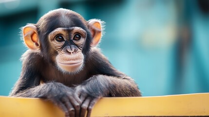 Baby monkey is sitting on a yellow fence. The monkey has a big smile on its face