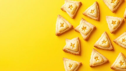 A festive Purim setup with traditional Hamantaschen cookies on a bright yellow background, symbolizing Jewish culture and celebration.
