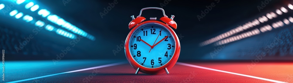 Poster digital red stopwatch counting down for sports event in modern arena setting