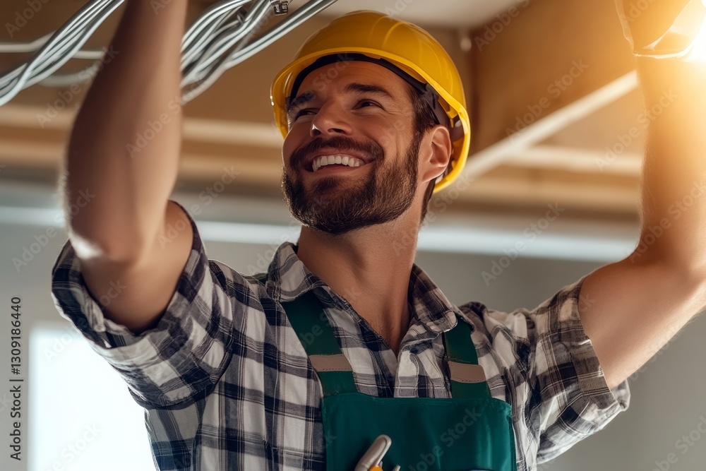 Poster man wearing a yellow helmet and a green vest is smiling while working on a project. he is holding a 