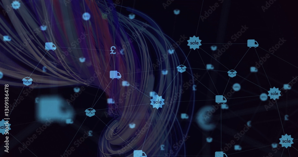 Poster image of network of connections with icons over light trails