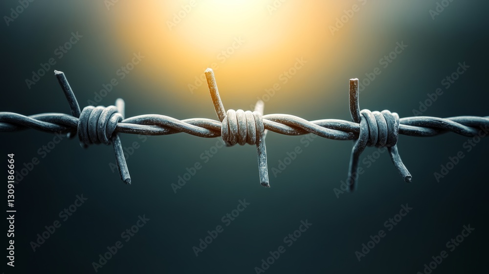 Poster wire fence with three barbed wire loops. the wire is twisted and bent, and the loops are sharp. conc
