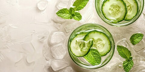 Obraz premium Floating wellness water with cucumber and mint on a soft cream background