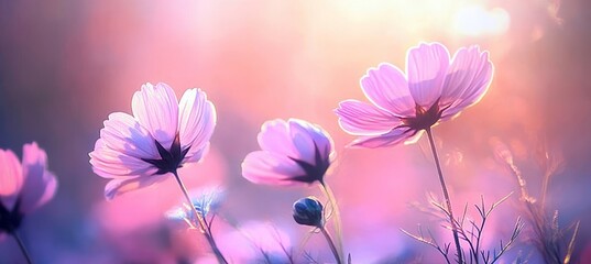 Pink Cosmos Flowers In Bloom, Dreamy Soft Focus With Sun Flares, Spring Or Summer Season