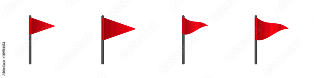 Poster a variety of red flags displayed on poles, each with distinct shapes and designs.