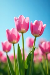 Fototapeta premium Pink tulip cluster, clear azure sky, bright spring scene, web, design, vibrant