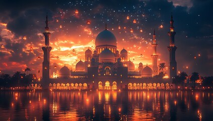 Naklejka premium Majestic Mosque at Sunset Reflecting in Calm Waters Under a Starry Sky