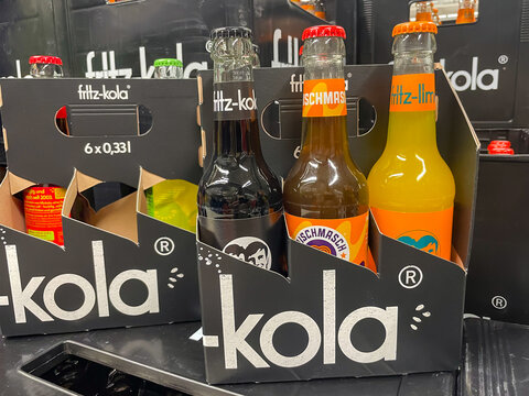 Germany Berlin March 3, 2025 A six pack of Fritz Kola drinks. The drinks are in a black box