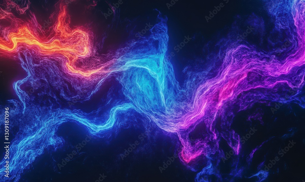 Poster artistic rendering of vibrant neon waves blending in dynamic patterns on a black background, symboli