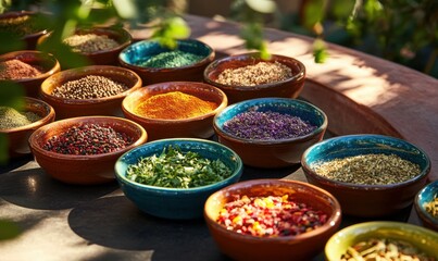 Fototapeta premium A vibrant display of various spices and herbs in bowls.