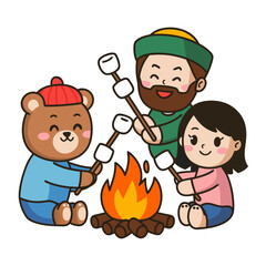 Cute Cartoon Campfire Marshmallow Roasting with Bear Child and Man Vector Art