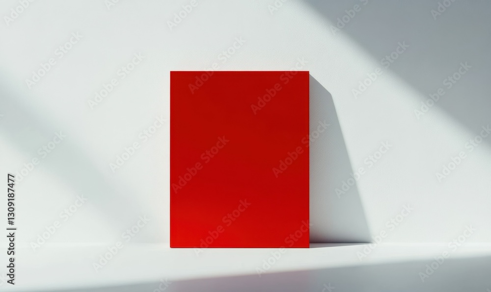 Aufkleber bold red rectangular sign standing against a clean white surface, sharp shadows and bright colors cr