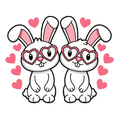 Cute Bunny Couple with Heart Glasses Surrounded by Love Hearts Vector Illustration
