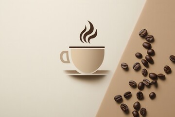 Minimalist coffee cup logo design featuring elegant steam lines and scattered coffee beans in warm brown and beige tones