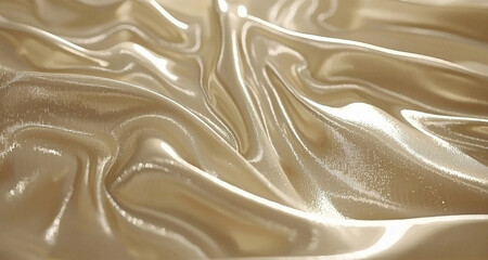 Champagne Silk Fabric. Luxury Satin Texture with Soft Wavy Folds. Delicate Light Reflection.