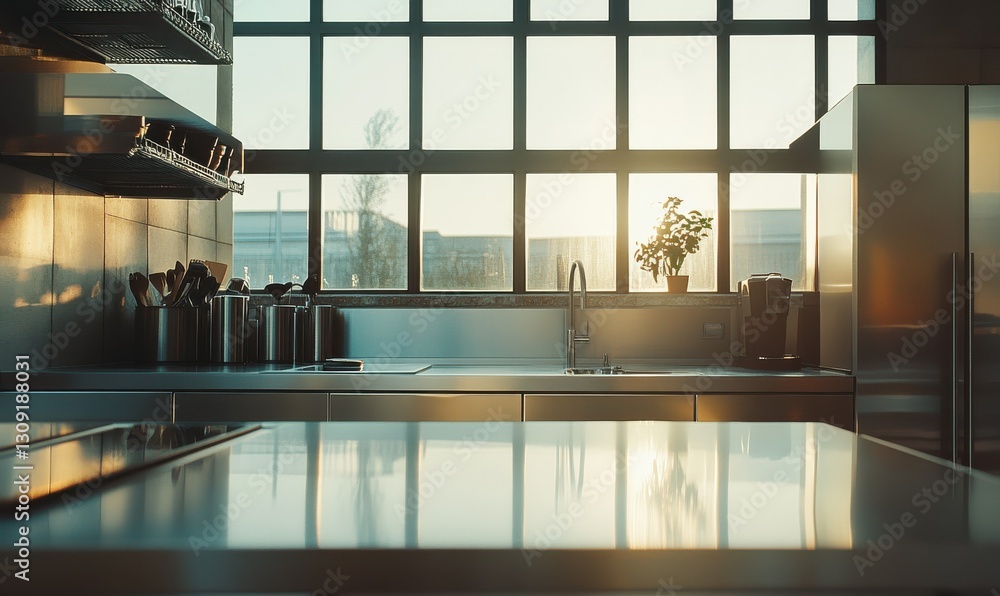 Poster clean and modern kitchen with sleek metallic surfaces and soft natural light streaming through large