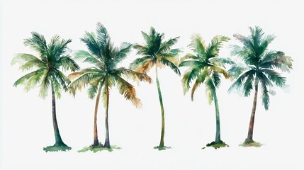 Obraz premium Watercolor painting of palm trees. Watercolor of coconuts on a tree. A set of transparent backgrounds. A watercolor depiction of palm trees lifestyle.