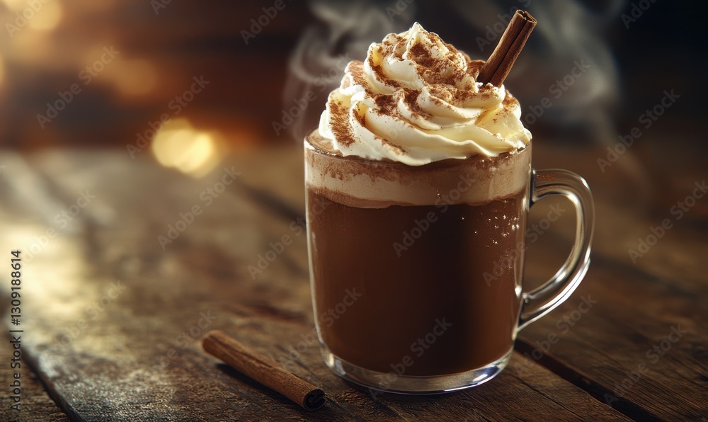 Poster close-up of steaming hot chocolate topped with whipped cream and a cinnamon stick placed on a rustic