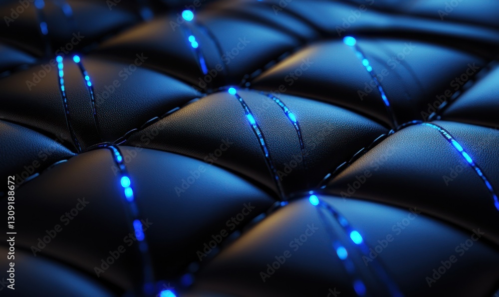 Poster close-up of sleek dark leather with glowing blue diamond stitching illuminated by gradient lighting 