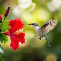 Vibrant hummingbird feeding on a bright red hibiscus flower in a lush, green garden setting