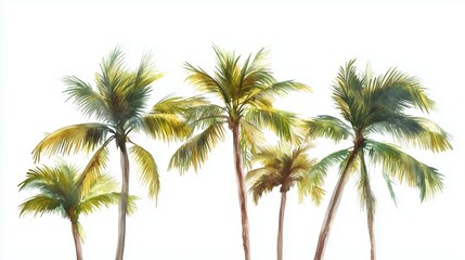 Watercolor painting of palm trees. Watercolor of coconuts on a tree. A set of transparent backgrounds. A watercolor depiction of palm lifestyle trees.