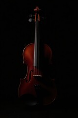 Fototapeta premium Silhouetted violin against a black backdrop, dramatic lighting, background, vintage, elegant