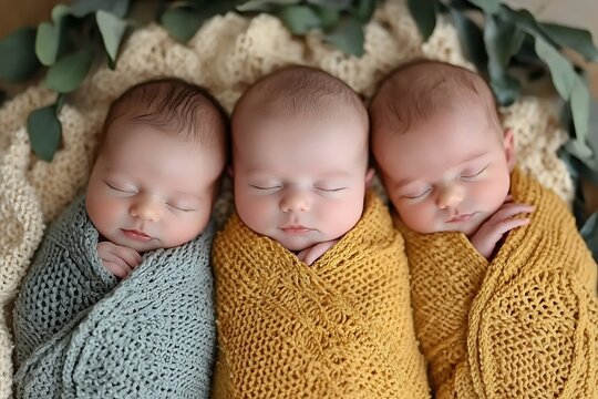 Sleeping triplets nestled in cozy blankets