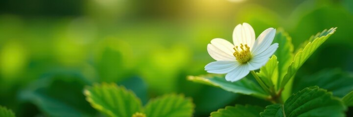 Obraz premium Single white strawberry flower in lush green foliage, soft morning light, bloom, flower