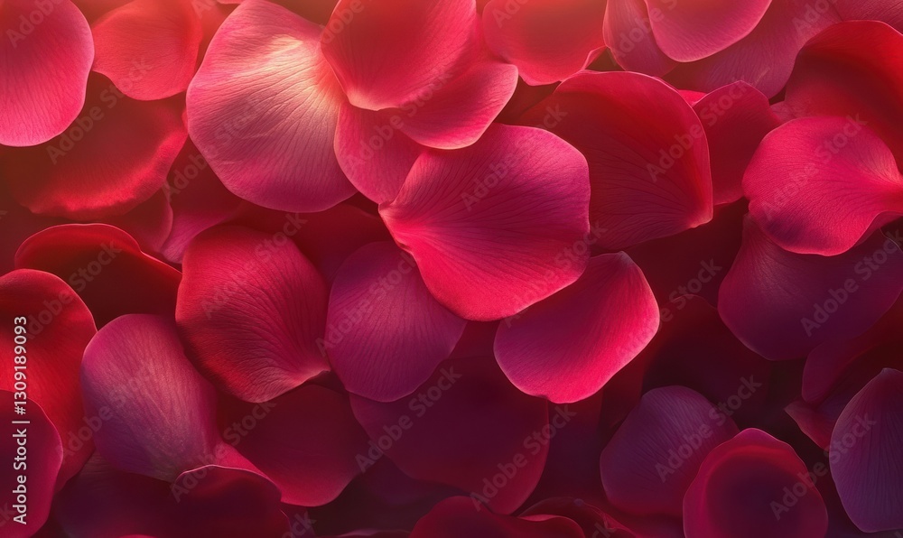 Poster close-up of vibrant red and pink flower petals illuminated by soft diffused light creating a dynamic