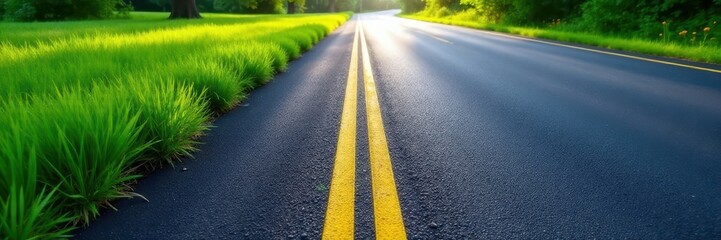 Smooth asphalt, fresh markings, green grass beside , sun, close-up, pavement