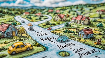 Obraz premium Map depicting a charming small town nestled alongside a serene river surrounded by nature